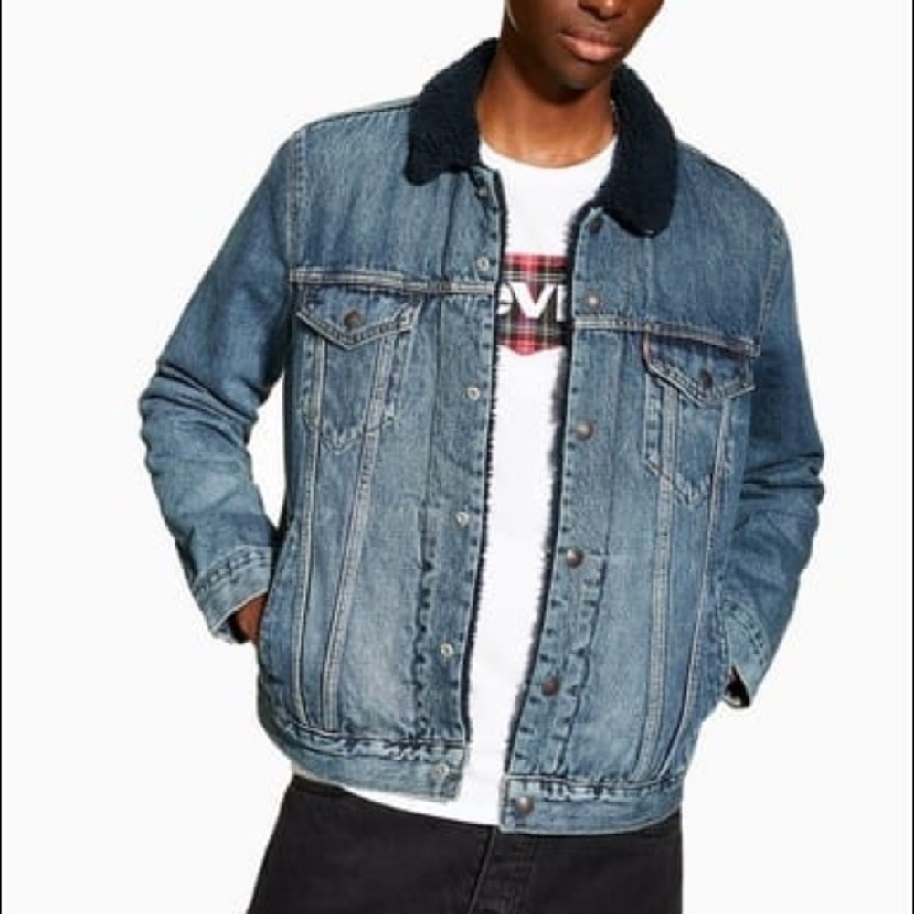 Topman Navy Shearling Jean Jacket